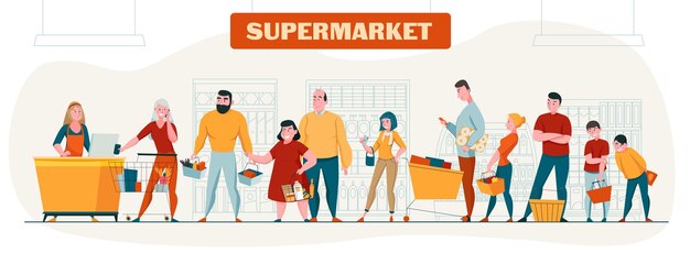 Supermercado e composição horizontal de clientes com símbolos de compras planos