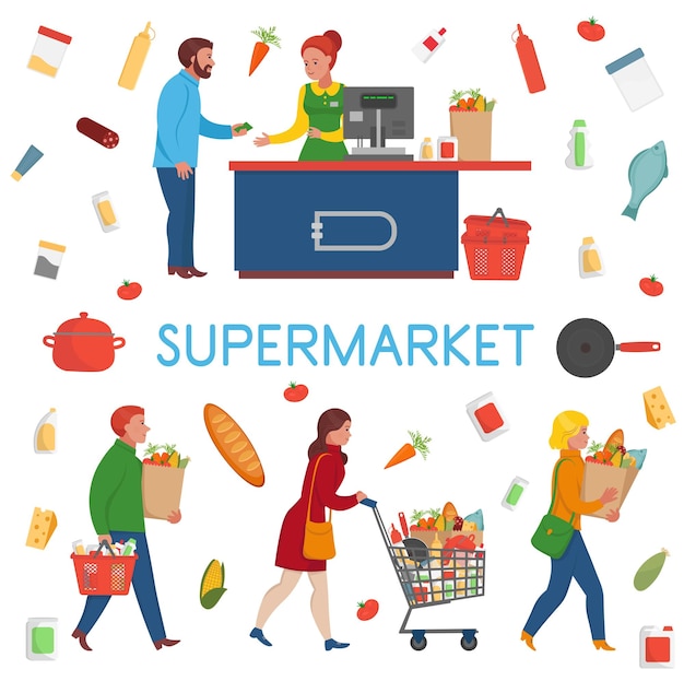 supermercado Pessoas fazendo compras em um supermercadoIlustração vetorial em