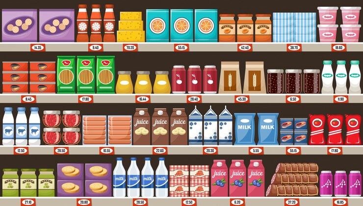 Vetor supermercado, prateleiras com produtos e bebidas