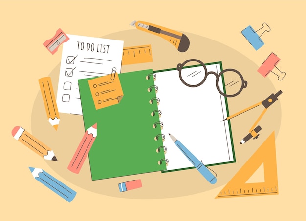 Suplementos escolares na vista superior da mesa Ilustração vetorial de diferentes ferramentas de estudo Lista de tarefas de lápis de caneta Conjunto de artigos de escritório
