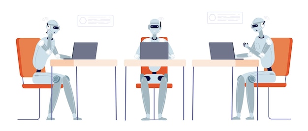 Suporte ao cliente do Chatbot. Robô moderno conversando, serviço de bot ou linha direta. Tecnologia inteligente em negócios, ilustração em vetor operador ciborgue. Chatbot de suporte de serviço, conversa online