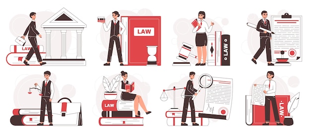 Suporte de litígios de advogados de trabalhadores de escritórios de advocacia e conjunto de ilustração vetorial plana de consulta