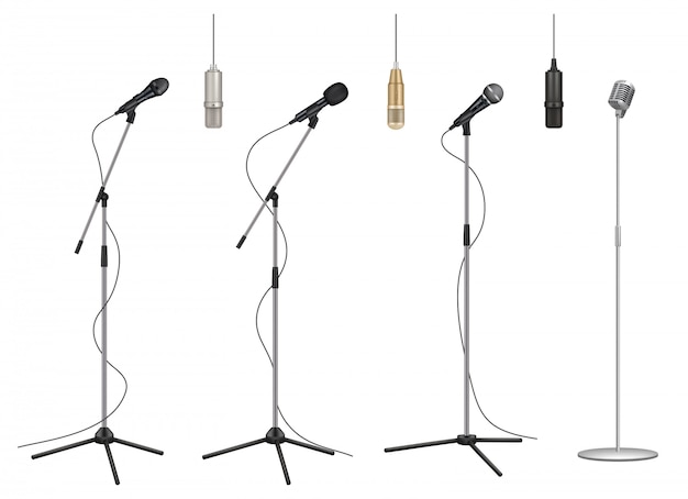 Suporte de microfone. Microfones de música realista coleção de fotos de equipamentos profissionais de estúdio de som