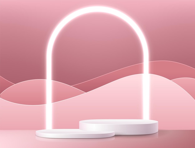 Suporte de produto Plataforma branca vazia minimalista realista render maquete para exibição de produto e apresentação pódio de estúdio geométrico com arco luminoso fundo rosa vetor design de cenário 3d