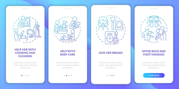 Suporte familiar durante a gravidez na tela da página do aplicativo móvel. cuidados com o bebê passo a passo 4 passos instruções gráficas com conceitos. ui, ux, modelo de vetor gui com ilustrações de cores lineares