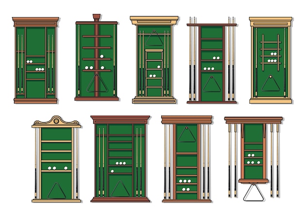 Suporte para tacos de bilhar, tacos de bilhar e snooker, bolas e molduras triangulares nas prateleiras. esporte de bilhar, equipamentos e móveis para clubes de bilhar, prateleiras de madeira de vetor com tecido verde para tacos de sinuca