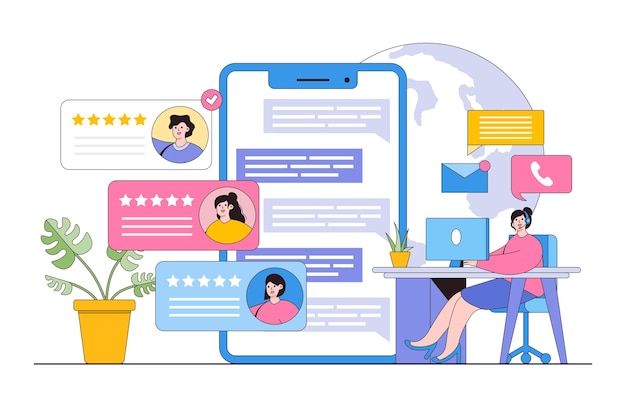 Suporte plano ao cliente com conceito de smartphone Contorno estilo de design ilustração vetorial mínima para imagens de heróis de infográficos de banner da web da página de destino