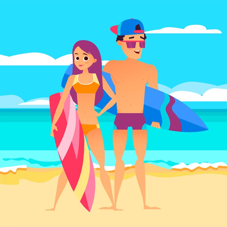 Vetor surf férias de verão, cara com uma garota na praia segurando suas pranchas de surf
