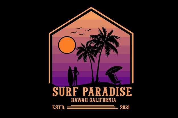 Surf paradise havaí califórnia silhueta design retro