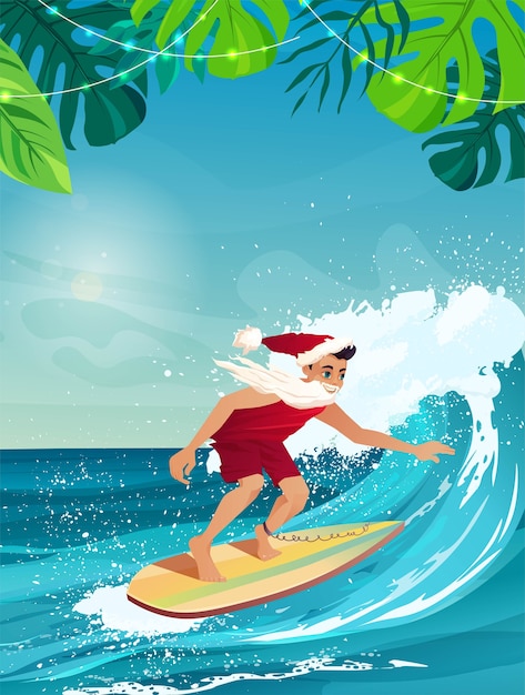 Surfista com fantasia de papai noel