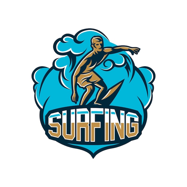 Surfista de adesivo de logotipo de emblema colorido à deriva nas ondas esporte radical de praia californiana ilustração vetorial para impressão em camisetas