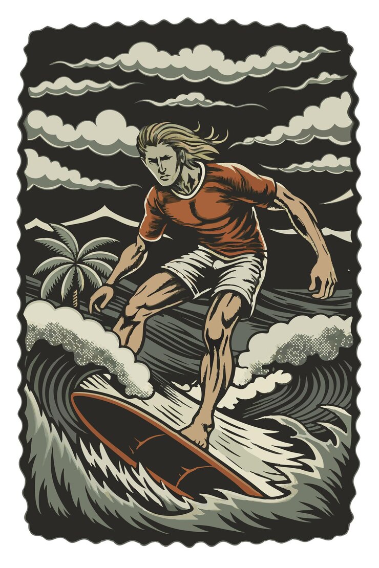 Vetor surfista montando uma onda