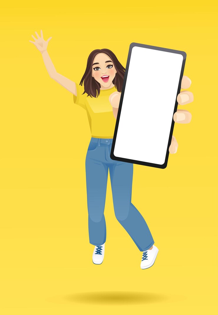 Vetor surpresa linda jovem mostrando a tela do telefone em branco saltando ilustração vetorial
