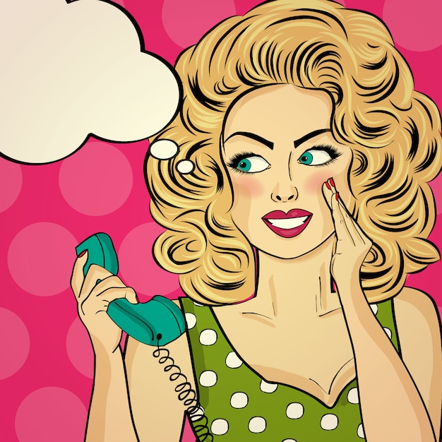 Surpreso pop art mulher com telefone retro