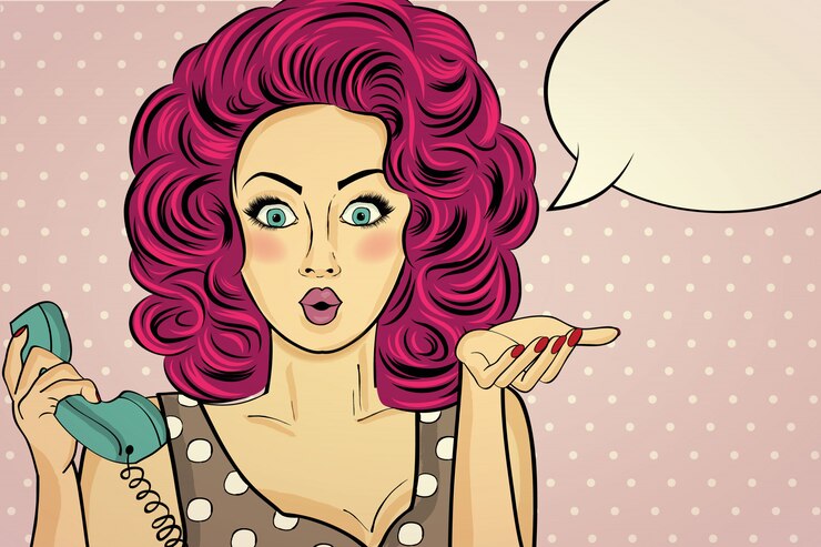 Vetor surpreso pop art mulher com telefone retro