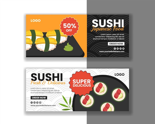 Vetor sushi alimentos japoneses banner horizontal desenho animado plano templates desenhados à mão ilustração de fundo