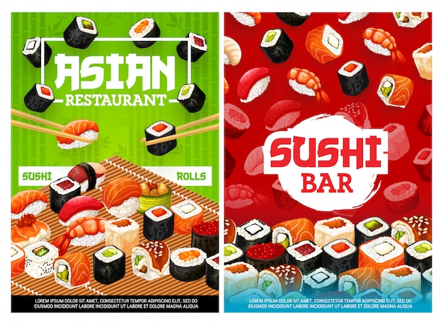 Sushi asiático rola bar, menu de restaurante japonês