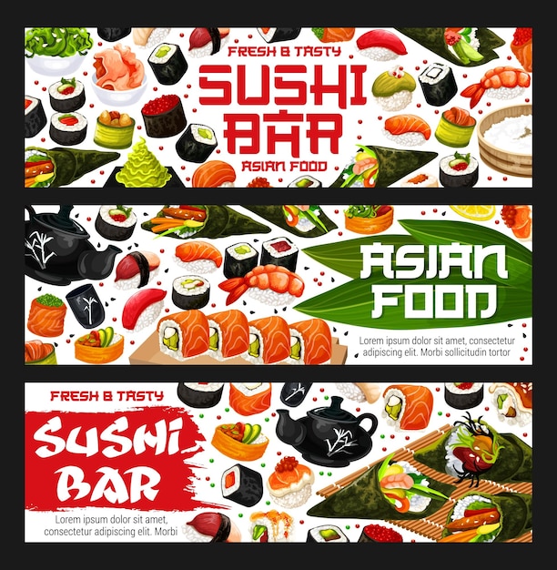 Vetor sushi bar banners comida asiática