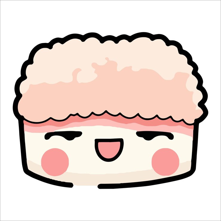 Vetor sushi bonito e rolos no estilo kawaii com rostos sorridente pratos de cozinha tradicional japonesa