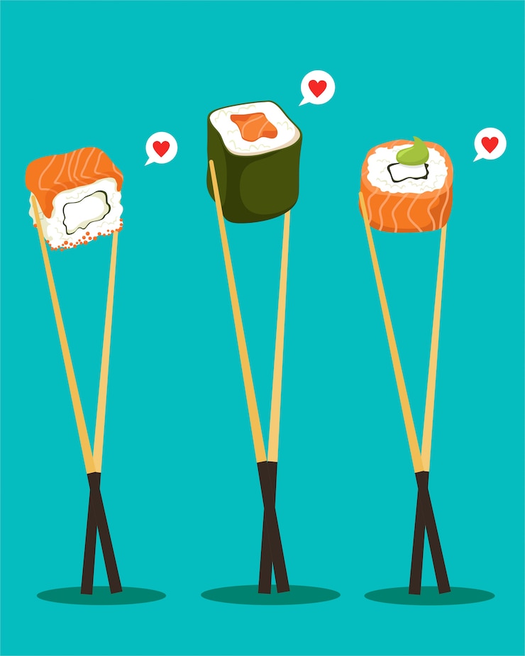 Vetor sushi com pauzinhos. comida japonesa isola