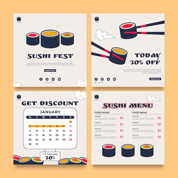 Vetor sushi de comida asiática plana para modelo de marketing