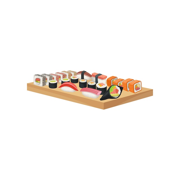 Vetor sushi definido em prato de madeira delicioso prato asiático tema de comida oriental design gráfico para o cardápio de um restaurante japonês ilustração vetorial colorida em estilo plano isolada em fundo branco