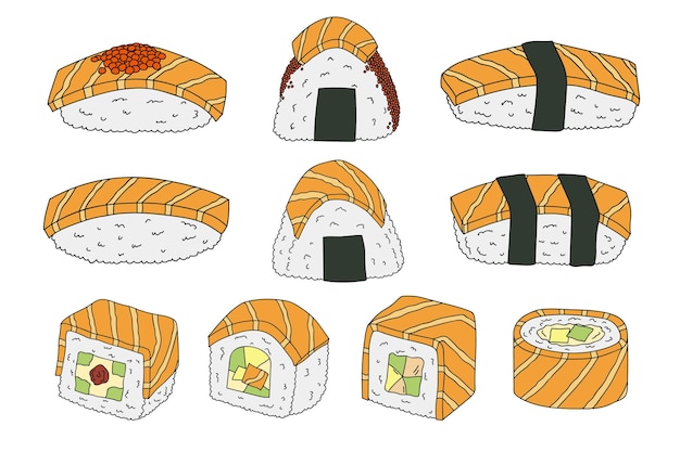 Vetor sushi e onigiri desenhados à mão com salmão pratos da cozinha tradicional japonesa pratos de comida asiática conjunto de clipart