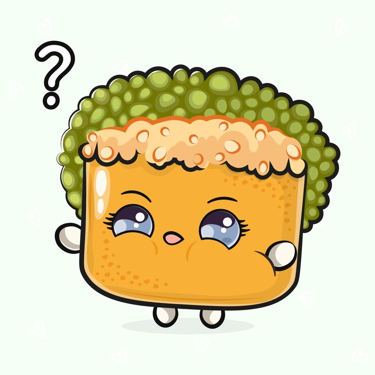 Vetor sushi e ponto de interrogação vetor desenhado à mão desenho animado kawaii ícone de ilustração de personagem isolado em