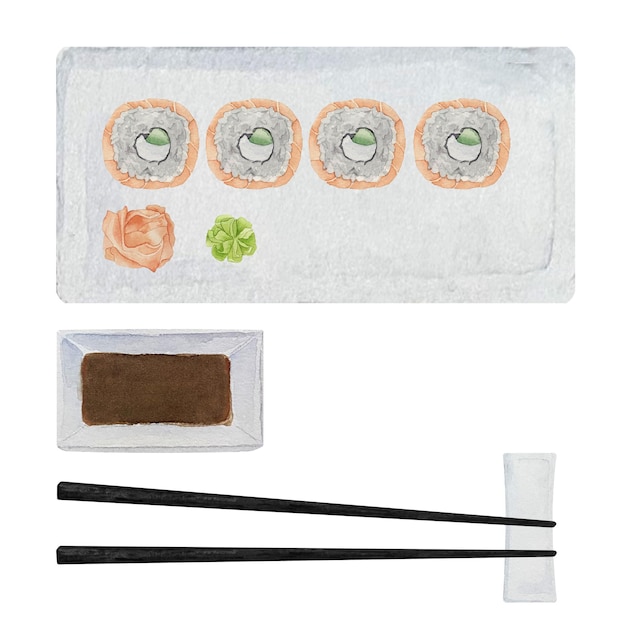 Sushi em aquarela com wasabi de salmão uramaki e gengibre com pauzinhos no prato