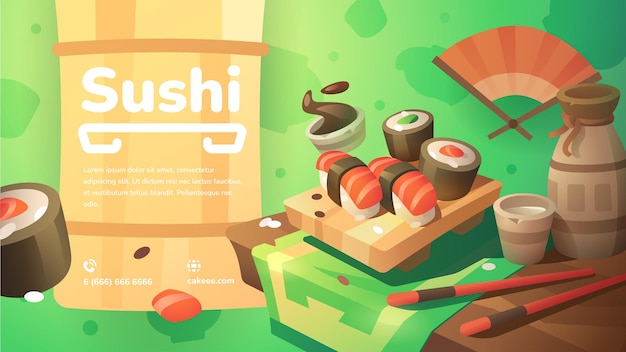 Sushi em substrato de bambu com lugar para texto