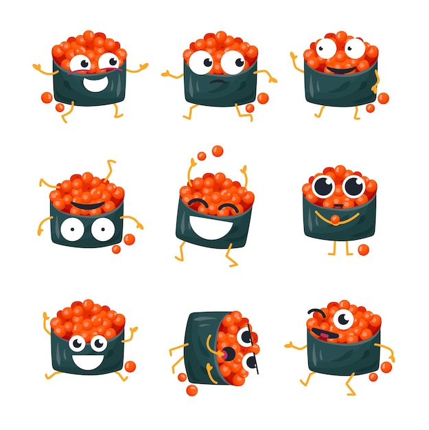 Sushi engraçado com caviar vermelho - emoticons de desenhos animados isolados de vetor. emoji fofo com um personagem legal. uma coleção de comida japonesa com raiva, surpresa, felicidade, loucura, risada e tristeza em fundo branco