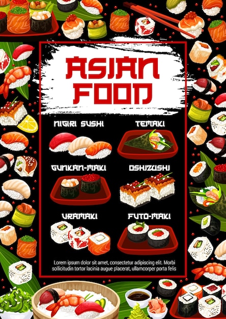 Vetor sushi japonês e menu de tipos de rolos comida japonesa