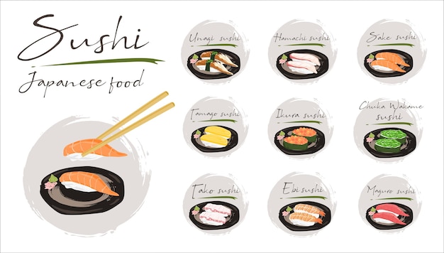 Sushi japonês e motivos orientais. conjunto de comida japonesa, conjunto de sushi em fundo branco