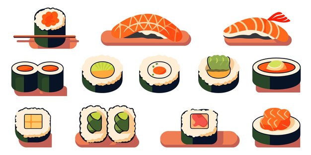 Sushi no fundo branco conjunto de sushi em ilustração vetorial de design plano