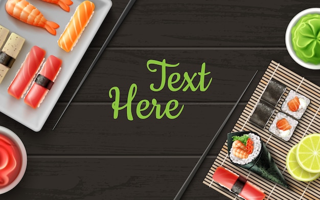 Vetor sushi plano deitado na mesa de madeira com lugar para texto