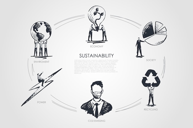 Sustentabilidade, economia, sociedade, reciclagem, emissão de co2, infográfico do ambiente