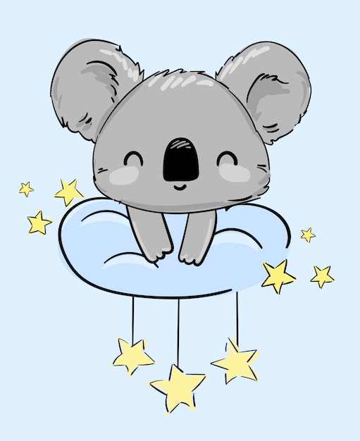 Сute Koala sentado em uma nuvem e estrelas. ilustração. Imprima para roupas de casa, pijamas, camisola, têxteis. Design infantil.
