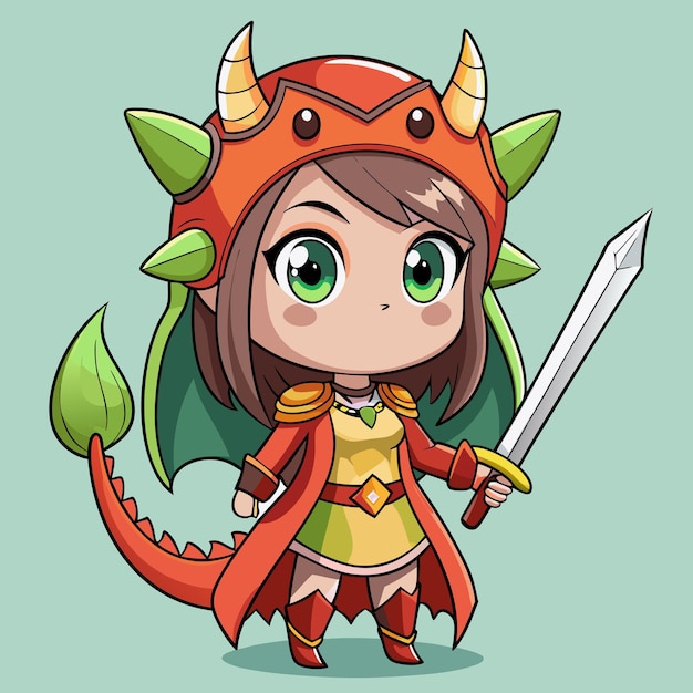 Sweet Girl in Dragon Costume and Sword Vector de desenhos animados