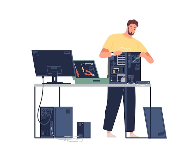 Vetor sysadmin consertando computador. técnico consertando hardware do pc. reparador trabalhando com unidade de sistema e ferramentas. ilustração em vetor plana colorida de especialista técnico isolado no fundo branco.