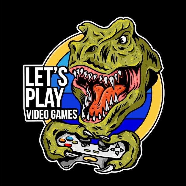 T rex jogador de dinossauro bravo que joga o jogo no controlador de joystick gamepad para videogame arcade. mascote personalizado esporte logotipo design ilustração. design de impressão da cultura nerd para vestuário de camisa de t.