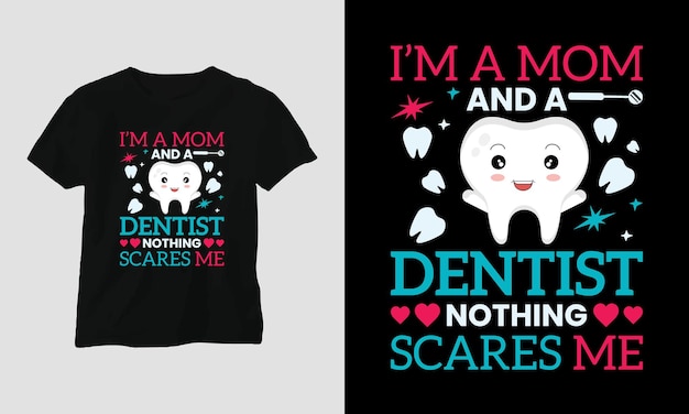 Vetor t-shirt bonito do dentista do vetor ou projeto do cartaz com dente dos desenhos animados, elementos dentais, etc.