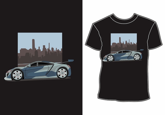 T-shirt com tema de carro, carros modelo de corrida esportiva na periferia da cidade