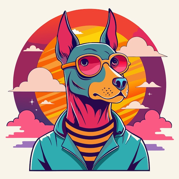 T-shirt de cão Design Artwork com Retro Sunset