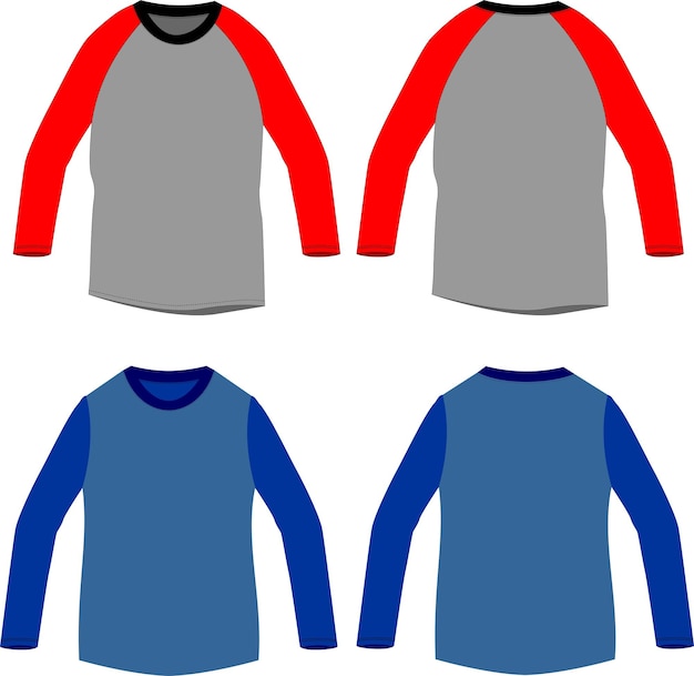 Vetor t-shirt de mangas longas template mockup raglan vista dianteira e traseira