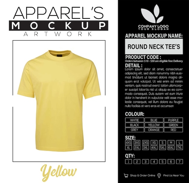 Vetor t-shirt de pescoço redondo amarelo para homens mockup artwork