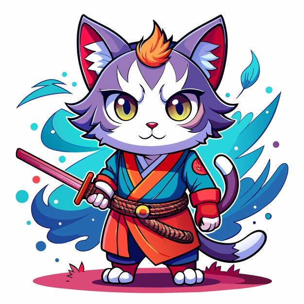 Vetor t-shirt desenho gato samurai bonito e gótico com salpico no fundo