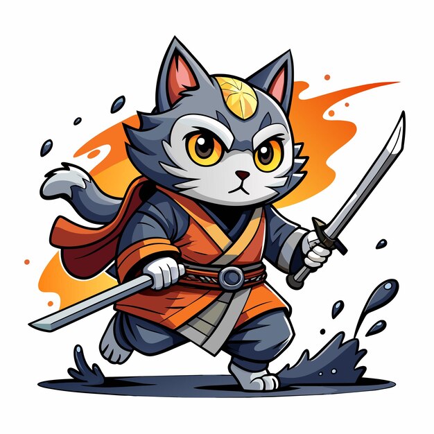 Vetor t-shirt desenho gato samurai bonito e gótico com salpico no fundo