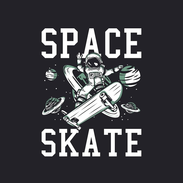 Vetor t-shirt design espacial skate com astronauta andando de skate ilustração vintage