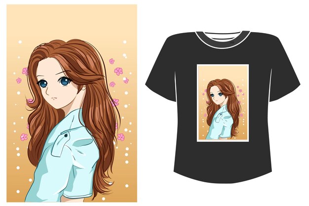 T shirt design maquete ilustração dos desenhos animados lindo cabelo castanho