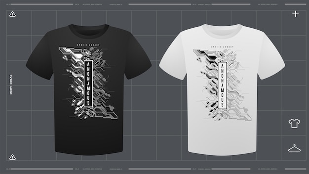 Vetor t-shirt masculino com maquete de impressão futurista visão frontal modelo vetorial impressão de design cyber hud